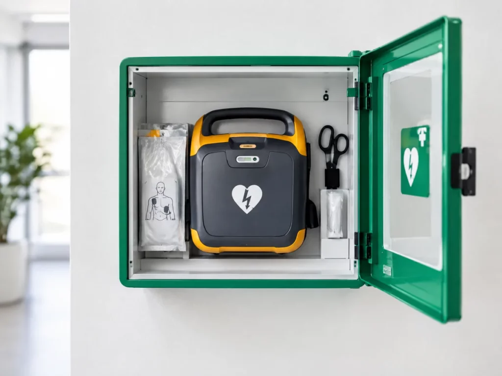 Automatisierter externer Defibrillator in einem grünen Wandschrank als Symbolbild